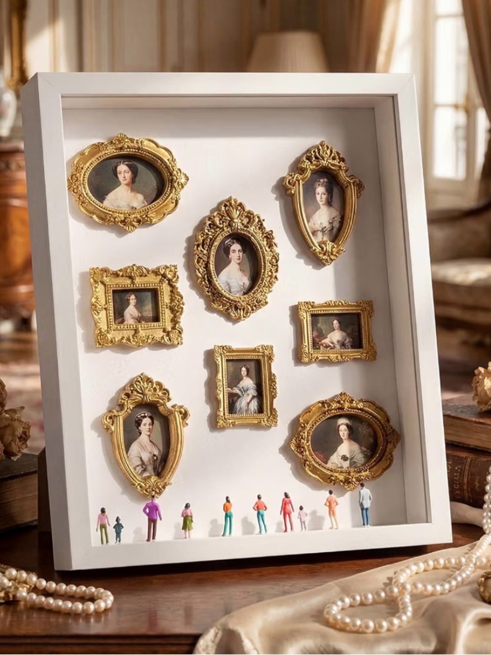 White Shadowbox Frame with Gold Miniature Picture Frames